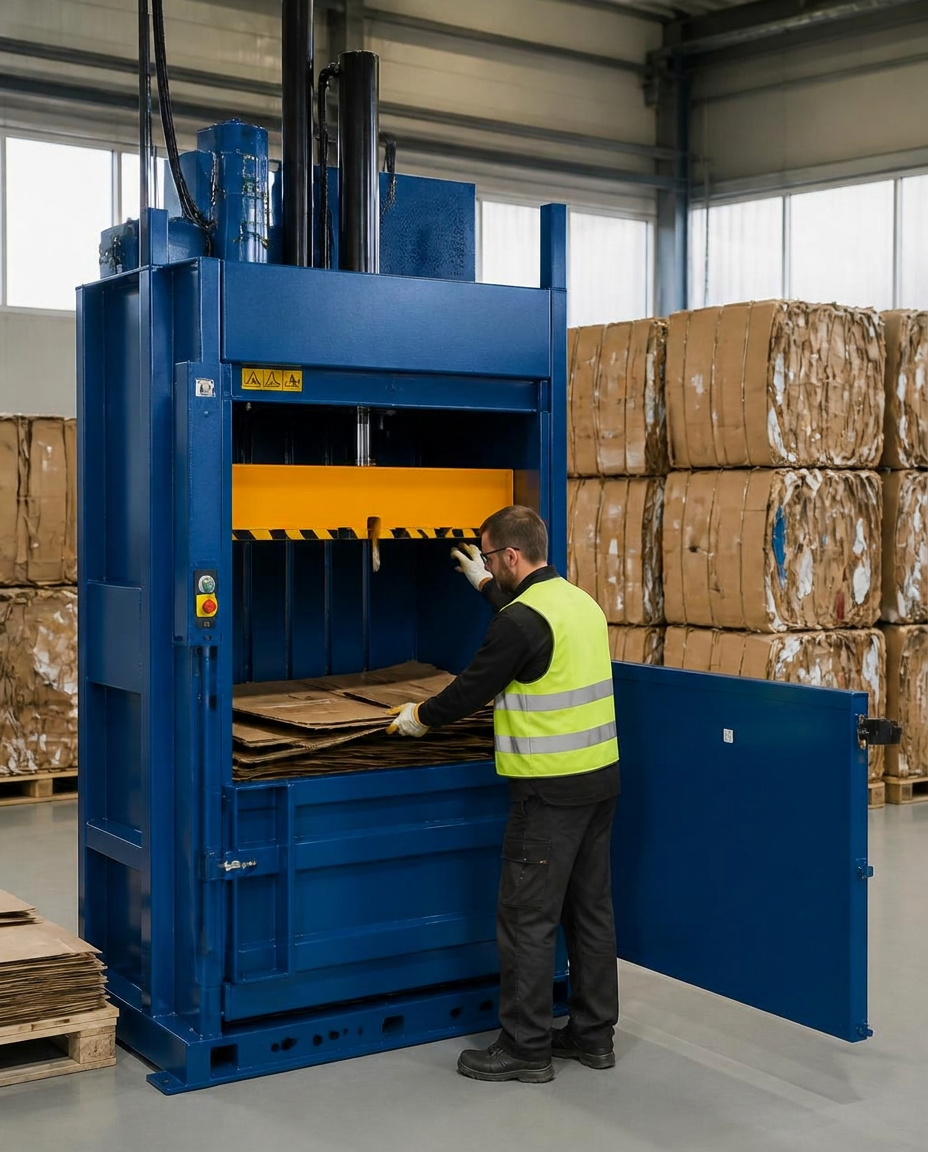 Prensa Enfardadeira Vertical ReciclaSim em operação em galpão industrial organizado