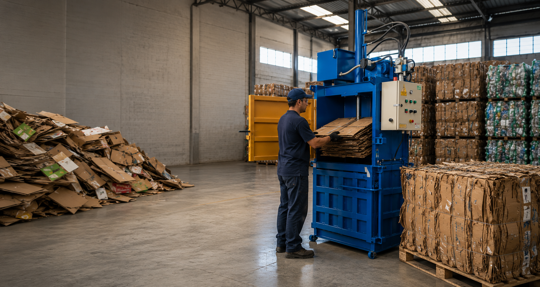 Operador utilizando Prensa Enfardadeira Vertical ReciclaSim em galpão de reciclagem